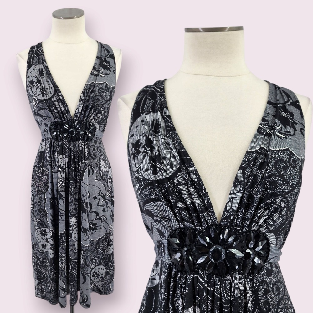 Vtg Y2K Dark Fairy Dress 10 Plunge V Bunny Vixen Beaded Festival Club Going Out